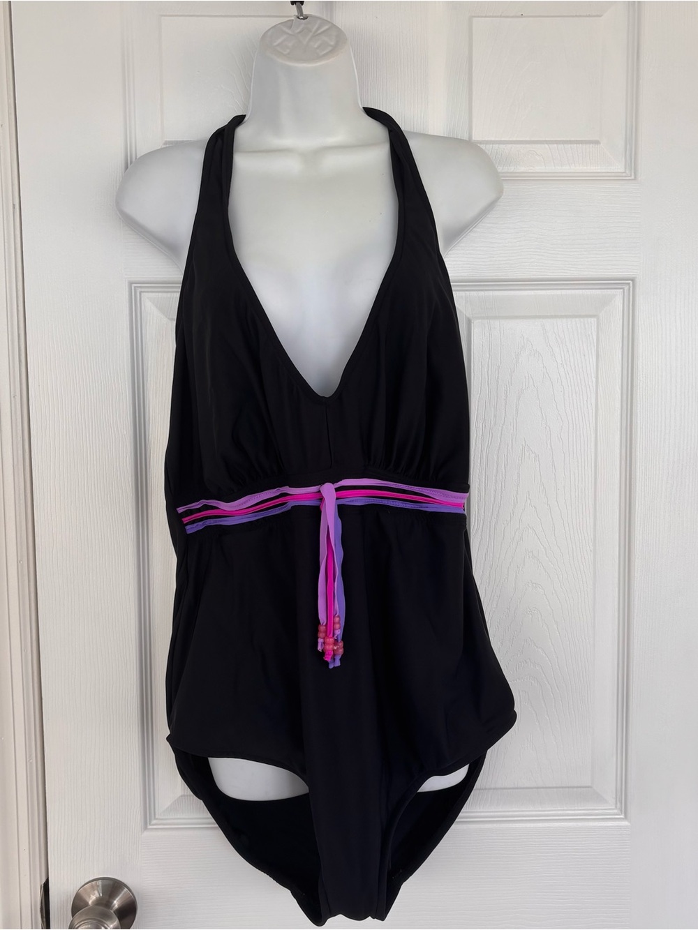 Delta Burke Black Halter One-Piece with Pink and Purple Waist Tie